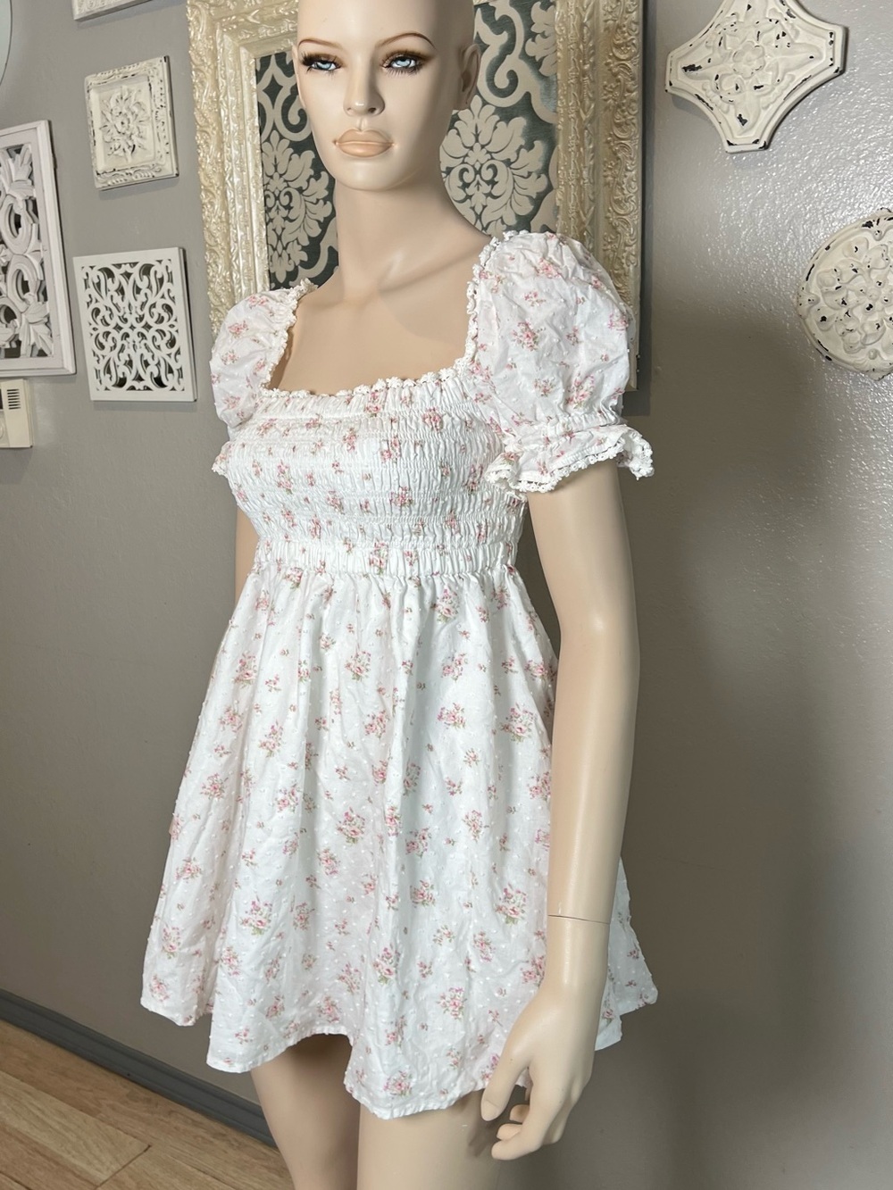Altar'd State White and Pink Smocked Babydoll Dress